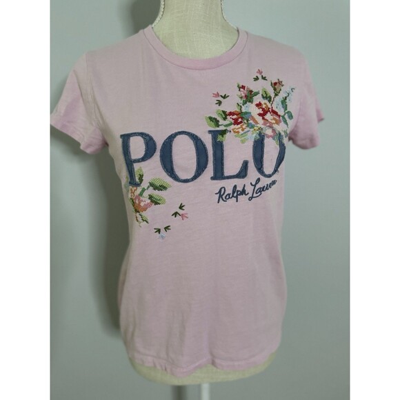 Polo Ralph Lauren Floral Embroidered Patchwork Pink Short Sleeve Tshirt Size S - Picture 1 of 8